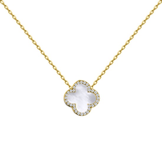 925 Silver 14ct gold Plated CZ Set Single Clover Necklace MOP White Colour