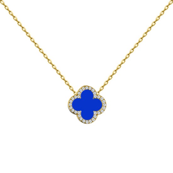 925 Silver 14ct gold Plated CZ Set Single Clover Necklace Blue Agate Colour