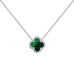 925 Silver Rhodium CZ Set Single Clover Necklace Malachite Green Colour