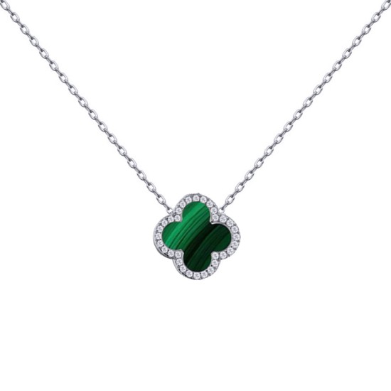 925 Silver Rhodium CZ Set Single Clover Necklace Malachite Green Colour