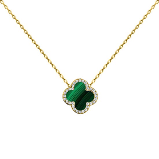 925 Silver 14ct gold Plated CZ Set Single Clover Necklace Malachite Green