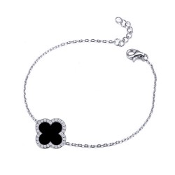 925 Silver Rhodium CZ Set Single Clover Bracelet Black Onyx Colour