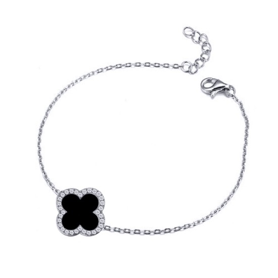 925 Silver Rhodium CZ Set Single Clover Bracelet Black Onyx Colour