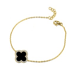 925 Silver 14ct gold Plated CZ Set Single Clover Bracelet Black Onyx Colour