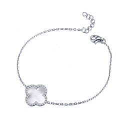 925 Silver Rhodium CZ Set Single Clover Bracelet MOP White Colour