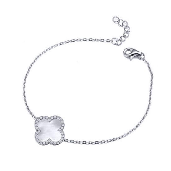 925 Silver Rhodium CZ Set Single Clover Bracelet MOP White Colour