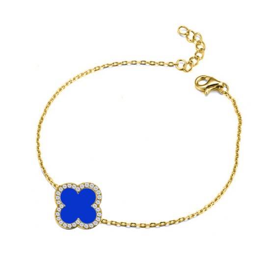 925 Silver 14ct gold Plated CZ Set Single Clover Bracelet Blue Agate Colour