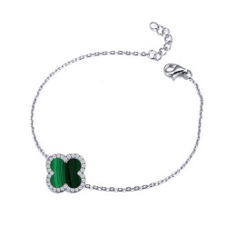 925 Silver Rhodium CZ Set Single Clover Bracelet Malachite Green Colour
