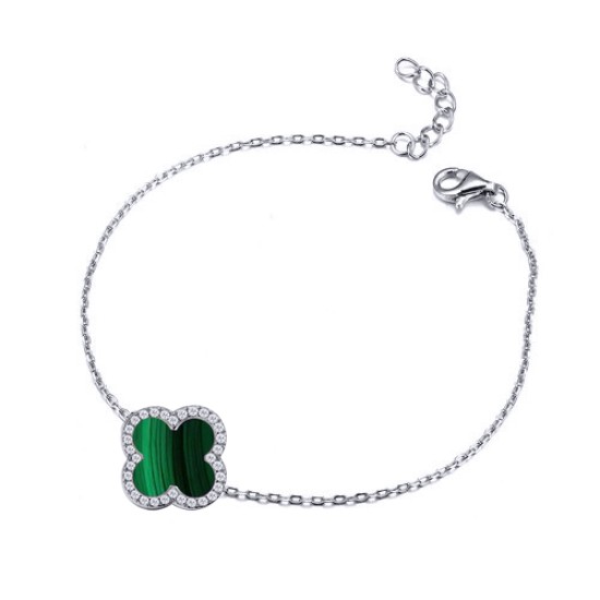 925 Silver Rhodium CZ Set Single Clover Bracelet Malachite Green Colour