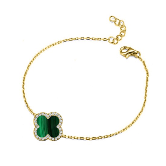 925 Silver 14ct gold Plated CZ Set Single Clover Bracelet Malachite Green