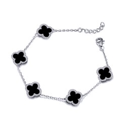 925 Silver Rhodium CZ Set 5 Clover Bracelet Black Onyx Colour