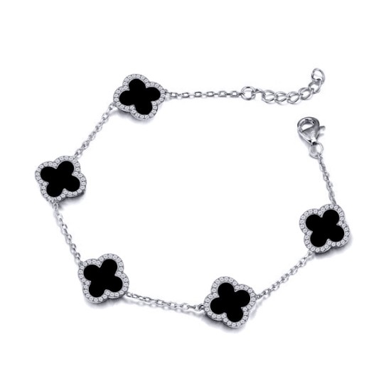 925 Silver Rhodium CZ Set 5 Clover Bracelet Black Onyx Colour