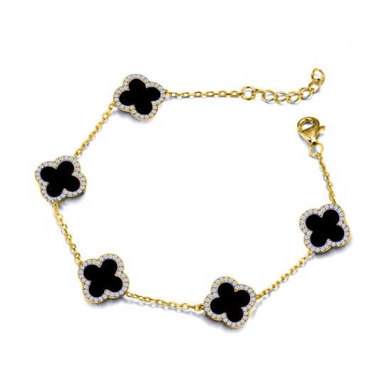 925 Silver 14ct gold Plated CZ Set 5 Clover Bracelet  Black Onyx Colour