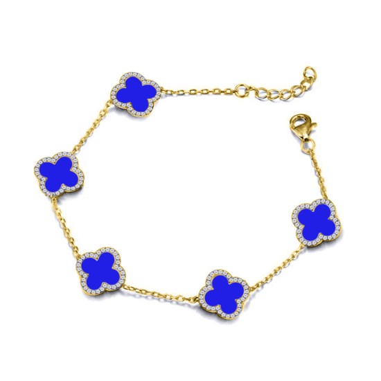 925 Silver 14ct gold Plated CZ Set 5 Clover Bracelet  Blue Agate Colour