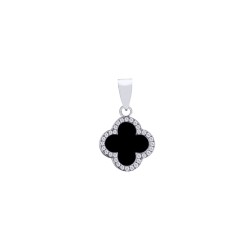 925 Silver Rhodium CZ Set Single Clover Pendant Black Onyx Colour
