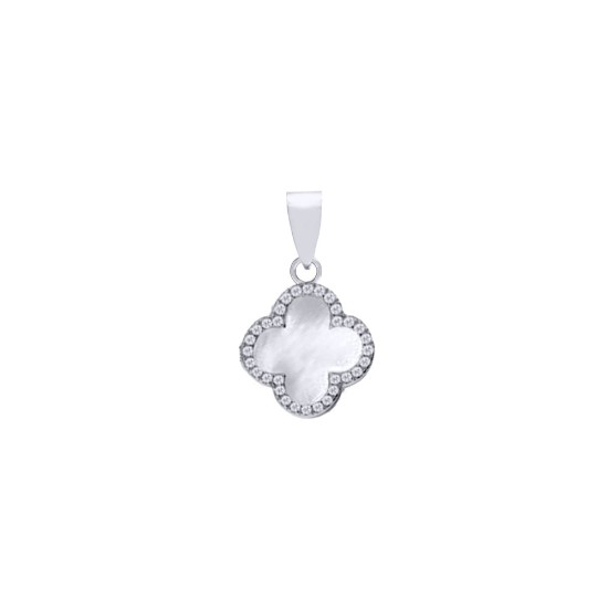 925 Silver Rhodium CZ Set Single Clover Pendant  MOP White Colour