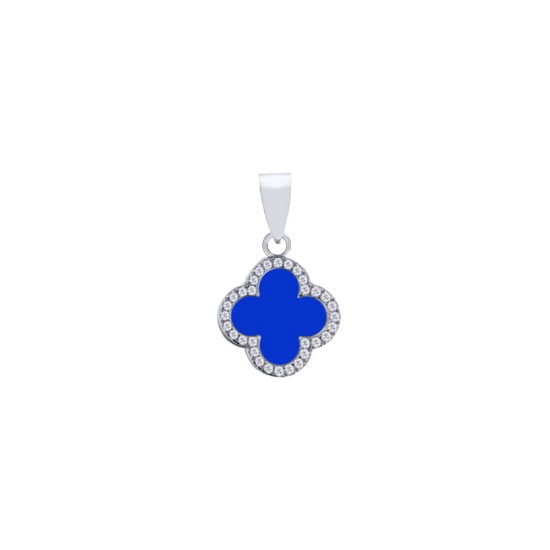 925 Silver Rhodium CZ Set  Single Clover Pendant   Blue Agate Colour