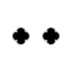925 Silver Rhodium 5 Clover Stud Earrings Black Onyx Colour