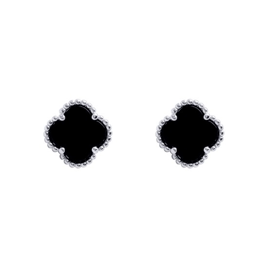 925 Silver Rhodium 5 Clover Stud Earrings Black Onyx Colour