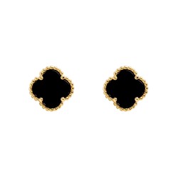 925 Silver 14ct gold Plated 5 Clover Stud Earrings Black Onyx Colour