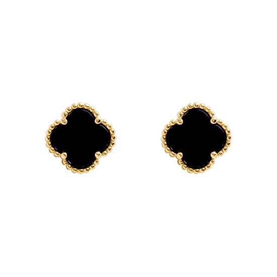 925 Silver 14ct gold Plated 5 Clover Stud Earrings Black Onyx Colour