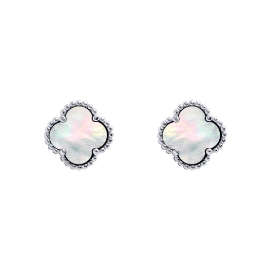 925 Silver Rhodium 5 Clover Stud Earrings  MOP White Colour