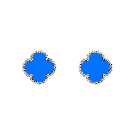 925 Silver Rhodium 5 Clover  Stud Earrings Blue Agate Colour