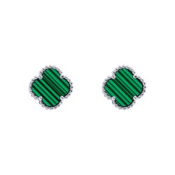 925 Silver Rhodium 5 Clover  Stud Earrings Malachite Green Colour