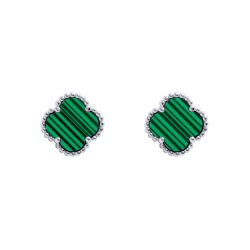 925 Silver Rhodium 5 Clover  Stud Earrings Malachite Green Colour