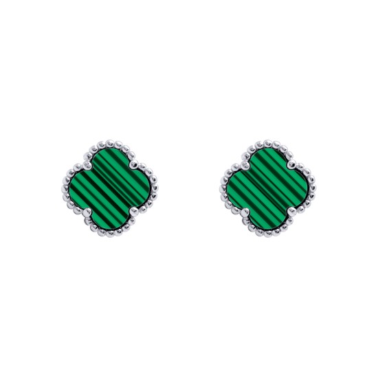 925 Silver Rhodium 5 Clover  Stud Earrings Malachite Green Colour