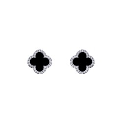 925 Silver Rhodium Plated  CZ Set 5 Clover Stud Earrings Black Onyx Colour