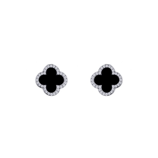 925 Silver Rhodium Plated  CZ Set 5 Clover Stud Earrings Black Onyx Colour