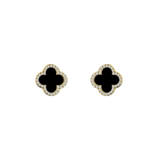 925 Silver 14ct gold Plated  CZ Set 5 Clover Stud Earrings Black Onyx Colour