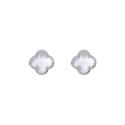 925 Silver Rhodium CZ Set  5 Clover Stud Earrings  MOP White Colour