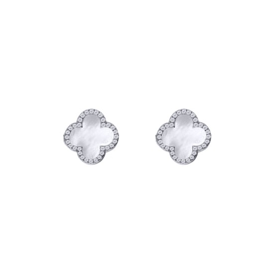 925 Silver Rhodium CZ Set  5 Clover Stud Earrings  MOP White Colour