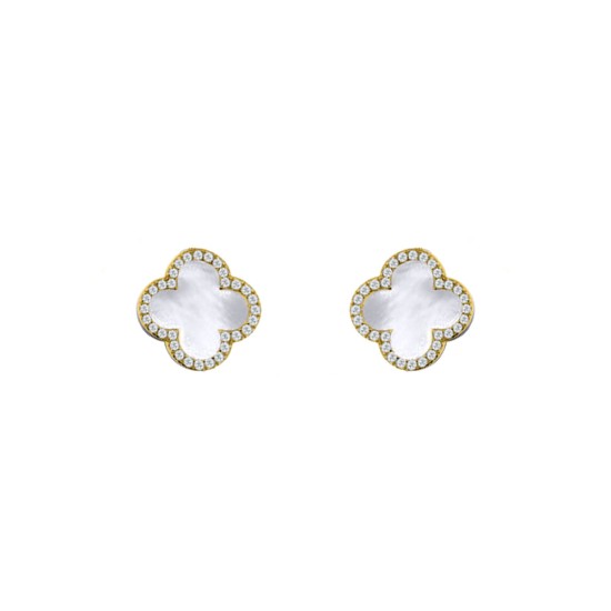 925 Silver 14ct gold Plated  CZ Set 5 Clover Stud Earrings  MOP  White Colour