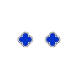 925 Silver Rhodium  CZ Set 5 Clover  Stud Earrings Blue Agate Colour