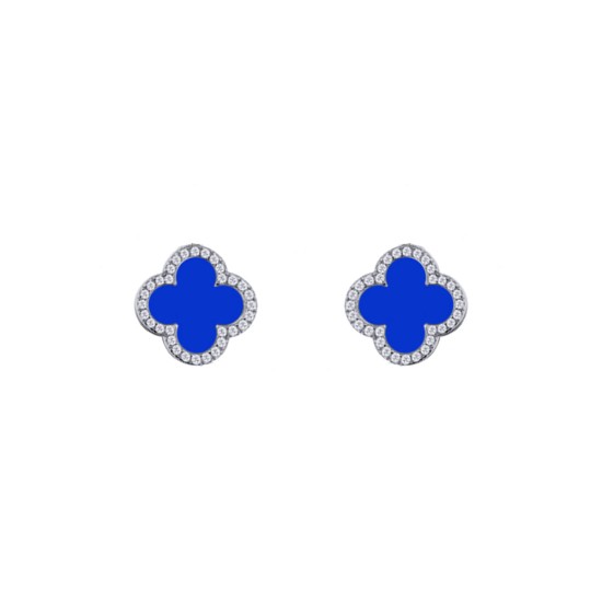 925 Silver Rhodium  CZ Set 5 Clover  Stud Earrings Blue Agate Colour