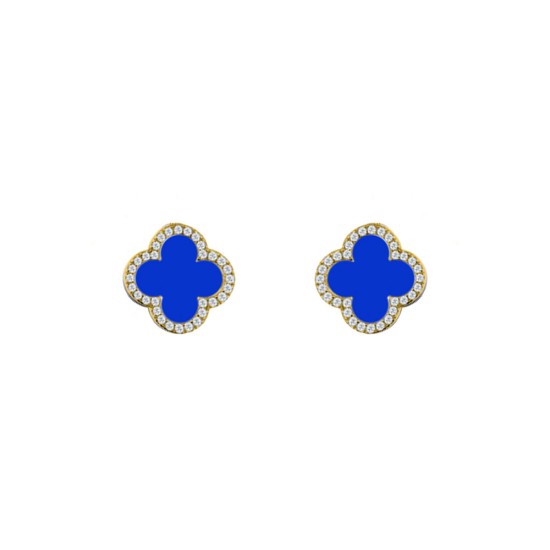 925 Silver 14ct gold Plated  CZ Set 5 Clover Stud Earrings  Blue Agate Colour