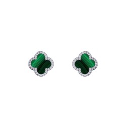 925 Silver Rhodium  CZ Set 5 Clover  Stud Earrings Malachite Green Colour