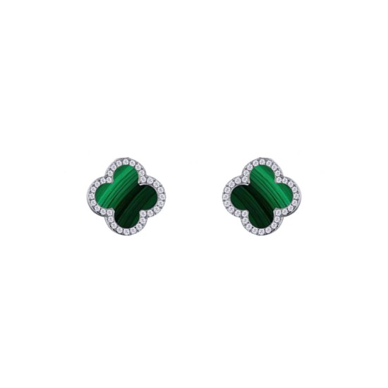 925 Silver Rhodium  CZ Set 5 Clover  Stud Earrings Malachite Green Colour