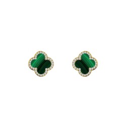 925 Silver 14ct gold Plated  CZ Set 5 Clover  Stud Earrings  Malachite Green