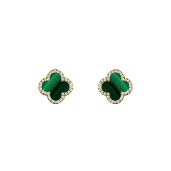 925 Silver 14ct gold Plated  CZ Set 5 Clover  Stud Earrings  Malachite Green