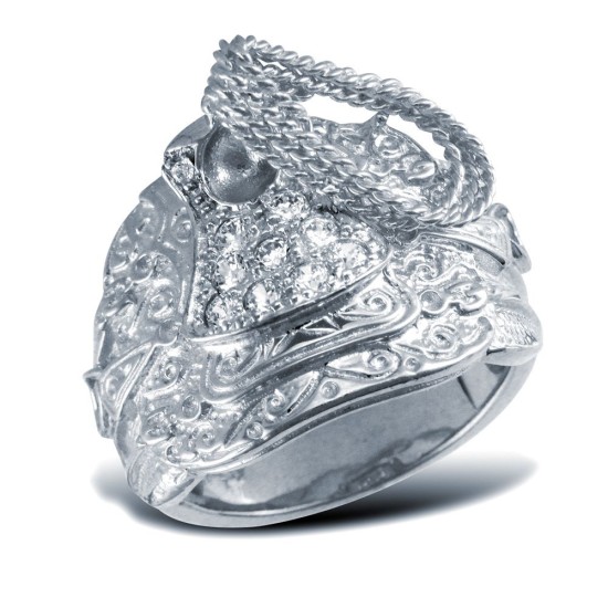 925 Sterling Silver hand finished heavy weight saddle ring hand-set with cubic zirconia stones