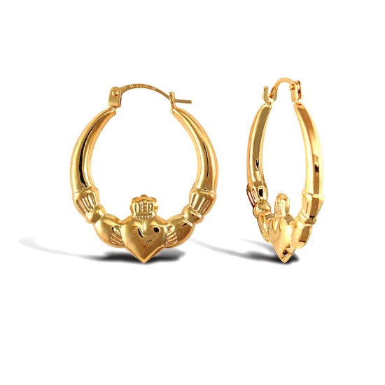 925 Sterling Silver 14k Gold Plated polished Claddagh creole earrings