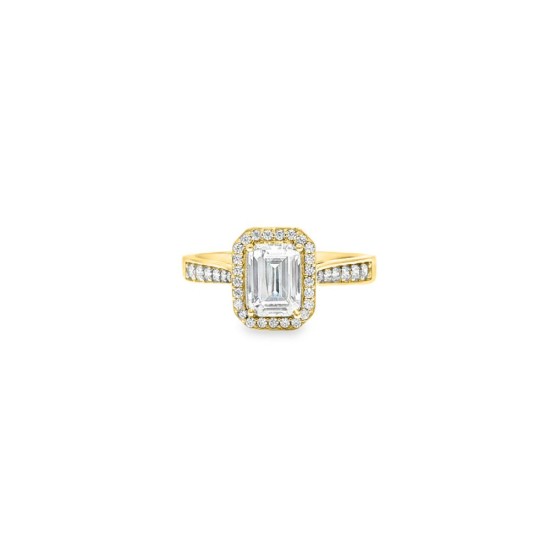 9ct Yellow Gold, 1.00ct Emerald Cut Cubic Zirconia Wed-fit Halo Ring