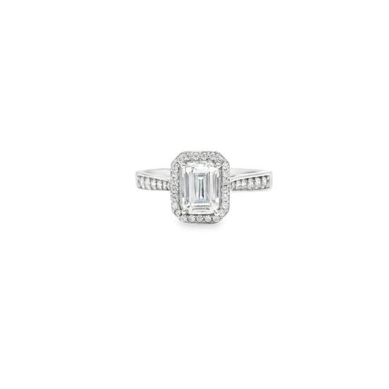 9ct White Gold, 1.00ct Emerald Cut Cubic Zirconia Wed-fit Halo Ring
