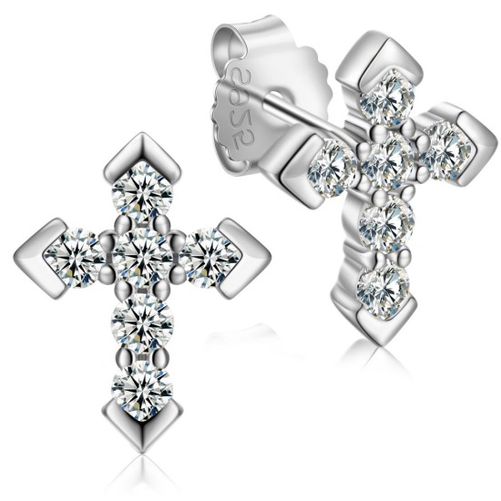 925 Silver CZ Set Cross Stud Earrings