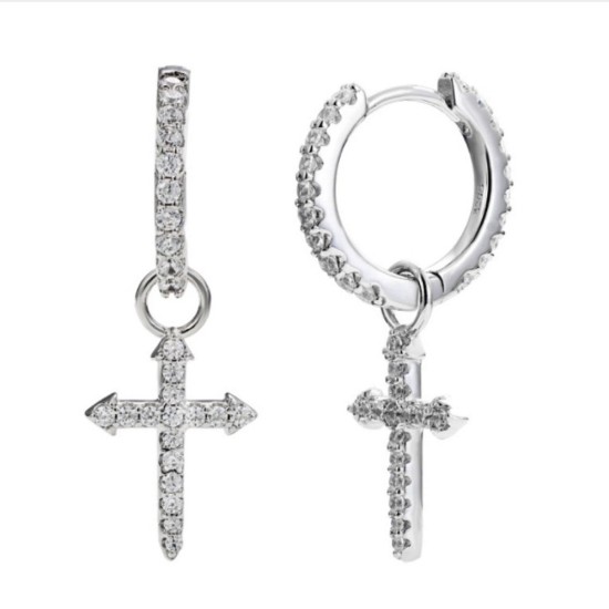 925 Silver CZ Set Cross Drop Earrings