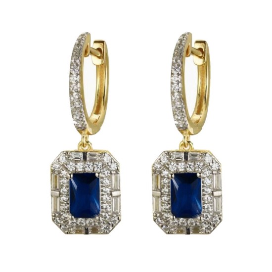 925 Sterling Silver Gold Plated Blue CZ Drop Hoops